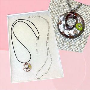 New in box! Italian Glass Pendant with two chains!  Purple, green & gold tones